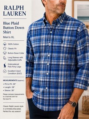 Ralph Lauren Blue Plaid Button Down Shirt Men’s XL 100% Cotton Classic Fit